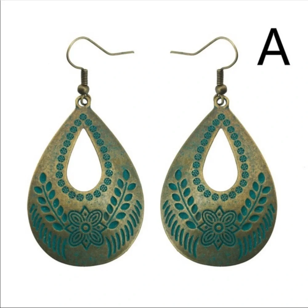 Bohemian embossed bronze patina dangle earrings